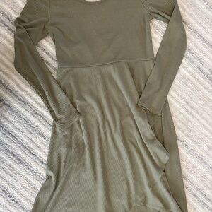 Girls Olive Green Ribbed Long Sleeve Dress